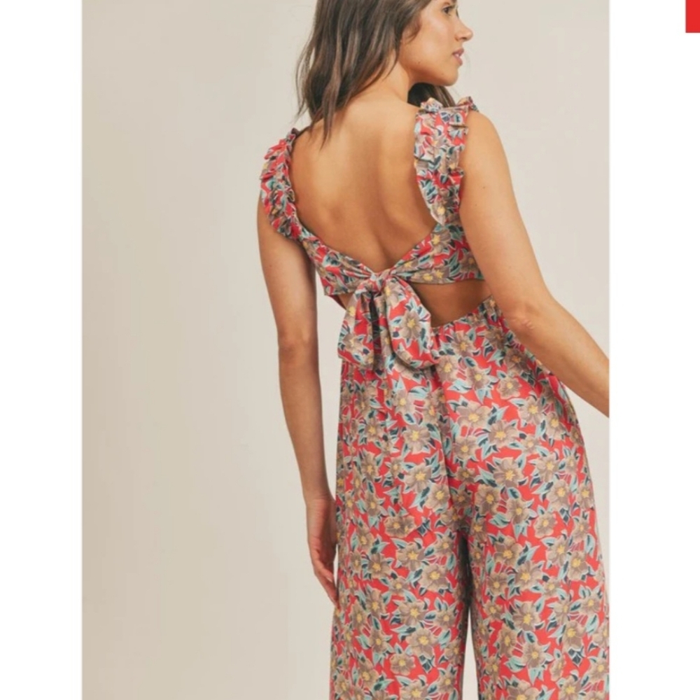 & Merci Floral Wide Ruffle Straps Flowy Wide Leg Pants Back Cutout Elastic Tie